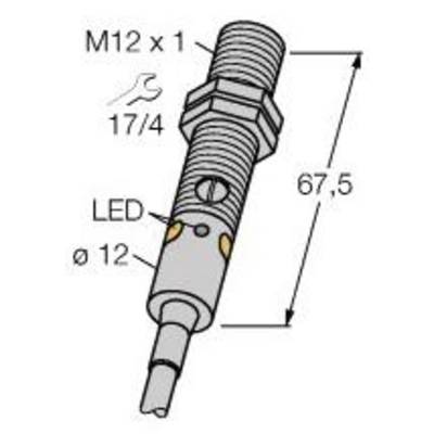 Rysunek techniczny cylindrycznego czujnika z gwintem M12 x 1, o długości 67,5 mm, z wyświetlaczem LED i symbolem klucza.