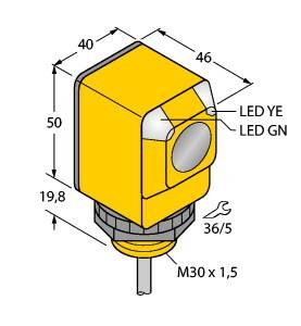 Rysunek żółnej obudowy czujnika o wymiarach 40x50x46 mm, z diodami LED 'YE' i 'GN' oraz szczegółami przyłącza M30 x 1,5.