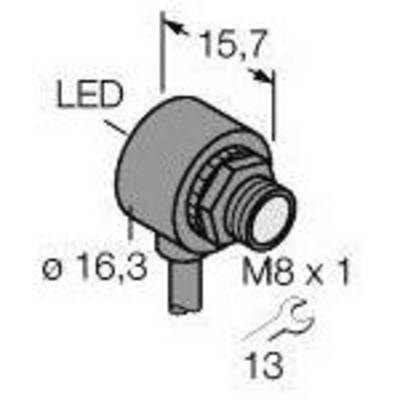 Diagram cylindrycznego czujnika ze wskaźnikiem LED. Wymiary: 15,7 mm długości, 16,3 mm średnicy. Złącze: M8 x 1.