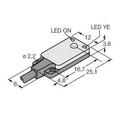 Rysunek elementu elektronicznego z wymiarami: 16,7 mm x 25,1 mm x 4,8 mm. Po lewej stronie dioda LED zielona, po prawej stronie dioda LED żółta.