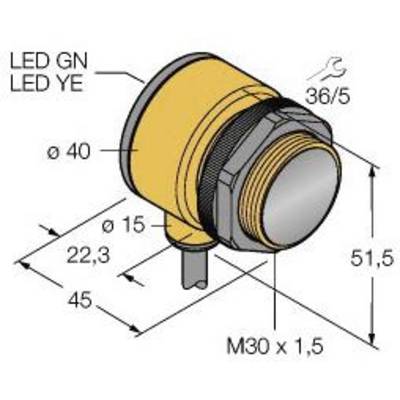 Element elektryczny z podanymi wymiarami: średnica 40 mm, długość 51,5 mm, gwint M30 x 1,5. Wskazówki dotyczące kolorów LED: zielony (GN) i żółty (YE).