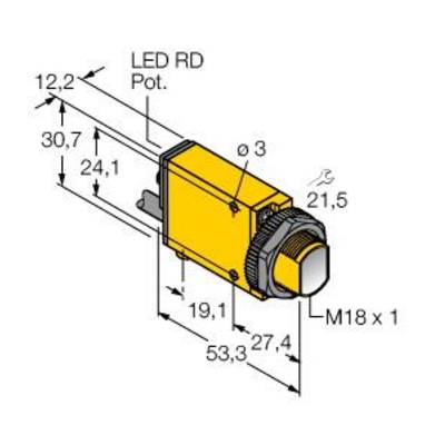 Rysunek techniczny żółtego czujnika z wymiarami i oznaczeniami takimi jak 'LED RD', 'Pot.', oraz 'M18 x 1'.