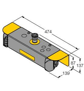 Rysunek techniczny prostokątnego elementu z żółtymi osłonami na końcach. Wymiary: długość 474 mm, szerokość 137 mm, wysokość 87 mm.