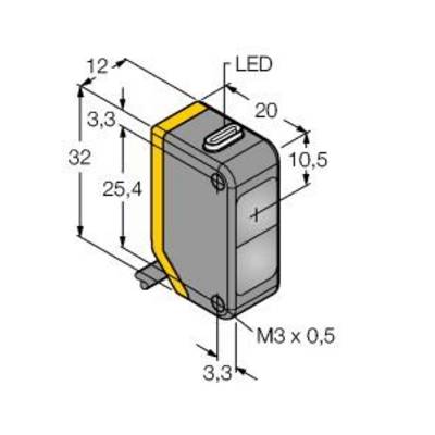 Diagram prostokątnego czujnika z wyświetlaczem LED u góry. Wymiary: 12x20x25,4 mm. Śruba mocująca M3 x 0,5.