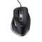 Czarna mysz komputerowa z przewodem, o ergonomicznym designie, z dwoma głównymi przyciskami i kółkiem przewijania pośrodku.