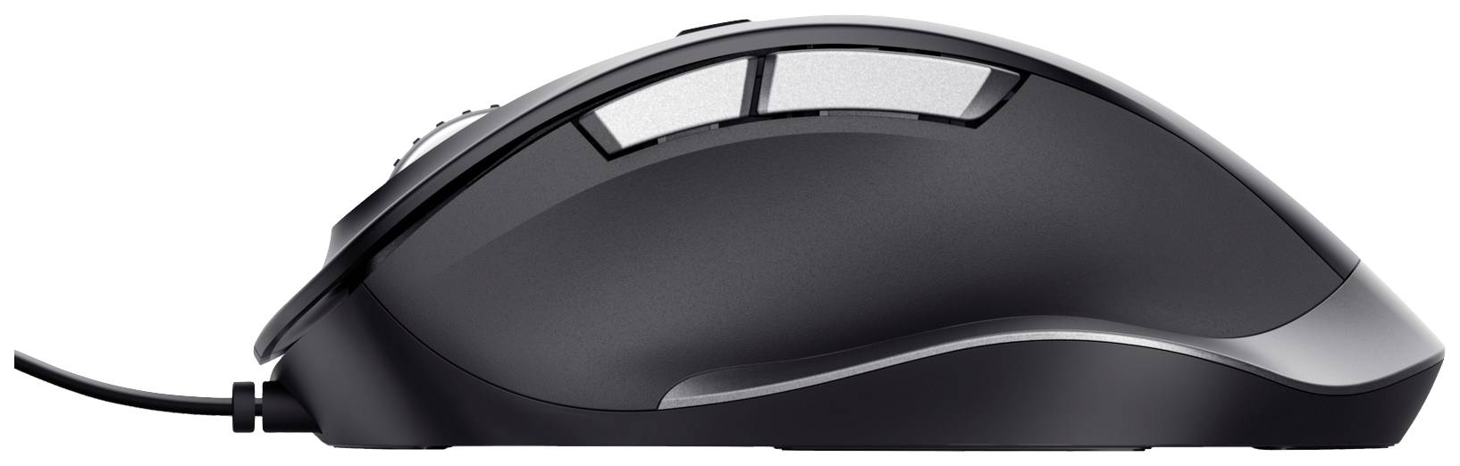 Czarna mysz komputerowa z trzema bocznymi przyciskami, ergonomiczny design; odpowiednia dla osób prawo- i leworęcznych.