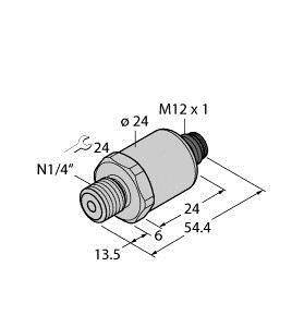 Rysunek elementu cylindrycznego o wymiarach: średnica 24 mm, długość 54,4 mm. Wyposażony w gwint M12 x 1 i N1/4".