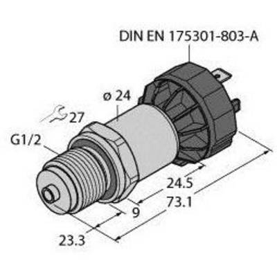 Rysunek techniczny czujnika ciśnienia o wymiarach: długość 73,1 mm, średnica 24 mm. Oznaczenie 'DIN EN 175301-803-A'.