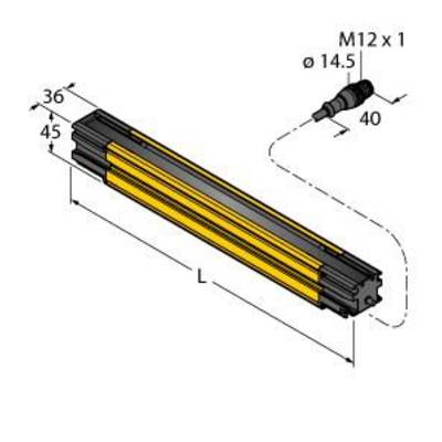 Kurtyna świetlna bezpieczeństwa o wymiarach: wysokość 45 mm, szerokość 36 mm, długość 'L'. Zawiera złącze M12 x 1, ø 14,5 mm, długość 40 mm.