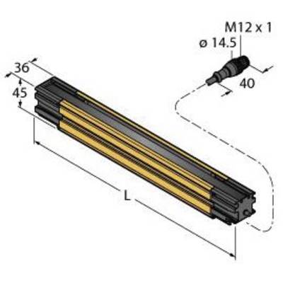 Rysunek techniczny prostokątnego profilu metalowego o wymiarach: szerokość 36 mm, wysokość 45 mm, długość 'L'. Złącze wtykowe M12 x 1.