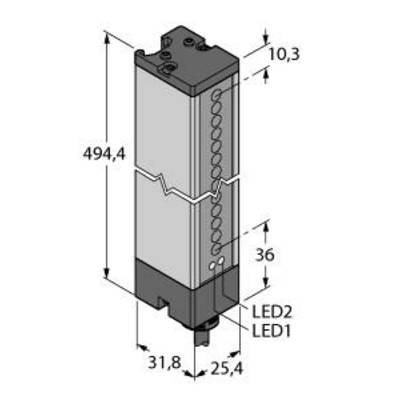 Rysunek techniczny prostokątnego urządzenia elektronicznego o wymiarach 494,4 x 31,8 x 10,3 mm; oznaczony diodami LED1 i LED2.