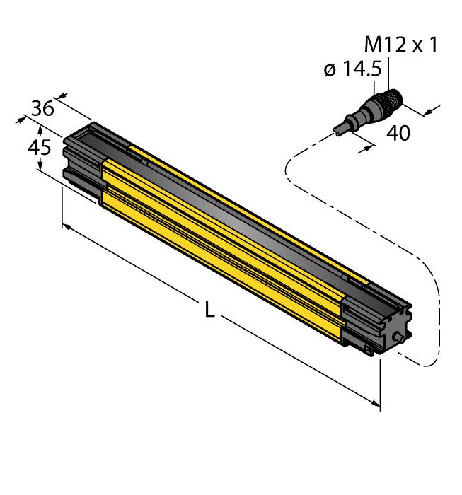 Rysunek techniczny cylindrycznego czujnika M12 x 1 o wymiarach: długość 40 mm, średnica 14,5 mm. Prowadnica liniowa o wymiarach: 36 mm x 45 mm.