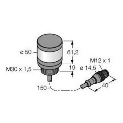Rysunek techniczny elementu cylindrycznego o wymiarach: ø50, wysokość 61,2; gwint przyłączeniowy M30 x 1,5. Dodatkowy element: ø14,5 x 40, gwint M12 x 1.