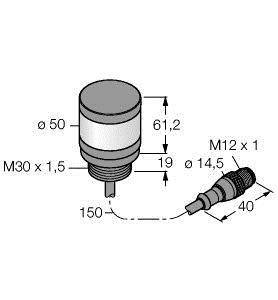 Rysunek techniczny cylindrycznego obiektu z wymiarami; średnica 50 mm, wysokość 61,2 mm, gwint M30 x 1,5, złącze M12 x 1.