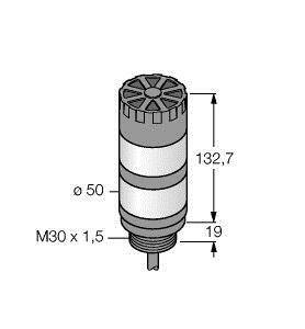 Rysunek techniczny elementu cylindrycznego. Wymiary: średnica 50 mm, długość 132,7 mm, gwint M30 x 1,5, dolny odcinek 19 mm.