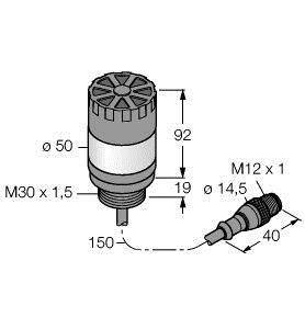 Rysunek części mechanicznej z wymiarami: Ø50x92, M30x1,5, gwint M12x1,5. Strzałki wskazują długość 150, średnicę 14,5.