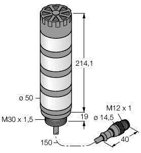 Wskaźnik sygnalizacyjny wieżowy o wymiarach: wysokość 214,1 mm, średnica 50 mm. Podstawa M30 x 1,5. Przyłącze M12 x 1; wtyk i gniazdo w odległości 150 mm.