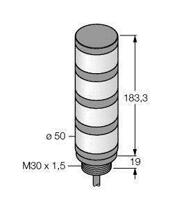 Kolumna sygnalizacyjna z czterema sekcjami, całkowita wysokość 183,3 mm, średnica 50 mm, gwint M30 x 1,5 od dołu, wysokość podstawy 19 mm.