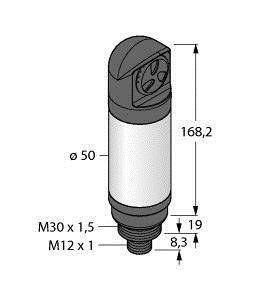 Diagram cylindrycznego czujnika z wymiarami: wysokość 168,2 mm, średnica 50 mm. Rozmiary gwintów: M30 x 1,5 i M12 x 1.