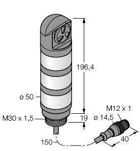 Techniczny rysunek cylindrycznego elementu z podaną średnicą (Ø50, M30 x 1,5) o całkowitej długości 196,4 mm. Przedstawiono adapter M12 x 1.