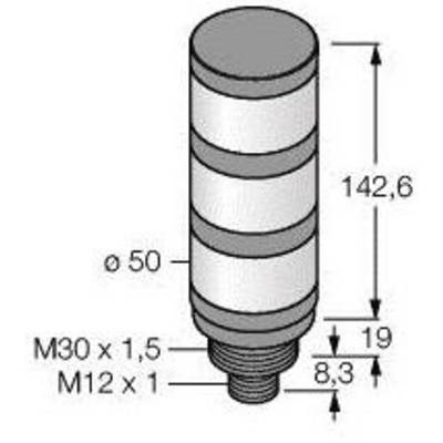 Rysunek techniczny cylindrycznego obiektu z wymiarami. Wysokość: 142,6 mm, średnica: 50 mm. Gwint: M30 x 1,5 i M12 x 1.