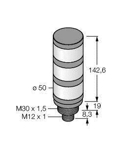 Cylindryczny czujnik o wymiarach: wysokość 142,6 mm, średnica 50 mm. Rozmiary gwintów: M30 x 1,5, M12 x 1.