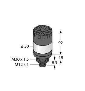 Rysunek techniczny elementu cylindrycznego: wysokość 92 mm, średnica 50 mm. Parametry gwintu: 'M30 x 1,5' oraz 'M12 x 1'.
