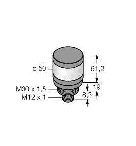 Diagram wymiarowy cylindrycznego obiektu z gwintem: średnica 50 mm, długość 61,2 mm, gwint M30 x 1,5 i M12 x 1.