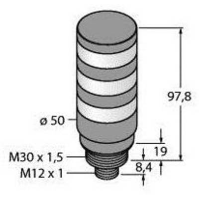 Rysunek techniczny cylindrycznego obiektu z prążkowanymi strefami. Wymiary: wysokość 97,8 mm, średnica 50 mm, gwint M30 x 1,5 oraz M12 x 1.
