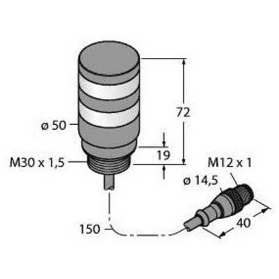 Rysunek techniczny obudowy czujnika cylindrycznego o wymiarach: średnica 50 mm, wysokość 72 mm. Gwint przyłączeniowy M30 x 1,5.