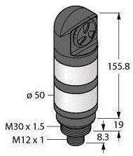 Obraz cylindrycznego obiektu z boczną skalą (długość 155,8 mm, średnica 50 mm) z gwintami M30 x 1,5, M12 x 1.