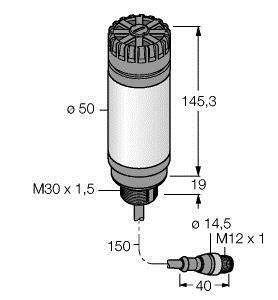 Rysunek techniczny cylindrycznego czujnika o wymiarach 145,3 mm długości, 50 mm średnicy, z gwintem M30 x 1,5 oraz M12 x 1.