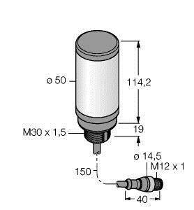 Rysunek techniczny elementu cylindrycznego o następujących wymiarach: średnica 50 mm, wysokość 114,2 mm, gwint M30 x 1,5 i M12 x 1.