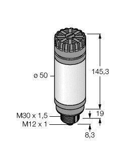 Rysunek walcowego obiektu z wymiarami: długość 145,3 mm, średnica 50 mm. Gwint M30 x 1,5 i M12 x 1 oznaczony strzałkami u dołu.