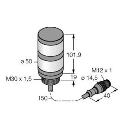 Diagram walcowego obiektu z wymiarami: średnica 50 mm, wysokość 101,9 mm; z gwintem M30 x 1,5 i M12 x 1.