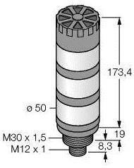 Rysunek techniczny cylindrycznego czujnika ze szczegółowymi wymiarami: długość 173,4 mm, średnica 50 mm, gwint M30 x 1,5 oraz M12 x 1.