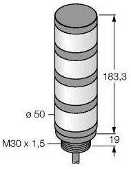Rysunek walcowego obiektu z wymiarami: wysokość 183,3 mm, średnica 50 mm, gwint M30 x 1,5, wysokość podstawy 19 mm.