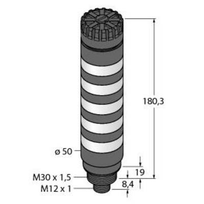 Rysunek czarno-biały cylindrycznego obiektu z gwintem, o wysokości 180,3 mm. Wymiary: ø 50 mm, M30 x 1,5 oraz M12 x 1.