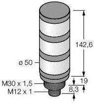 Rysunek techniczny cylindrycznego obiektu z wymiarami: długość 142,6 mm, średnica 50 mm. Gwint metryczny M30 x 1,5 i M12 x 1.