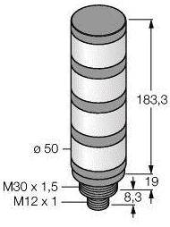 Diagram cylindrycznego obiektu z wymiarami: wysokość 183,3 mm, średnica 50 mm. Parametry gwintów: M30 x 1,5, M12 x 1.