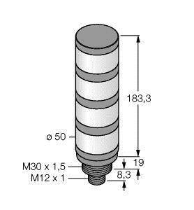 Rysunek techniczny elementu cylindrycznego z wymiarami: wysokość 183,3 mm, średnica 50 mm. Oznaczenia gwintów: M30 x 1,5 oraz M12 x 1.