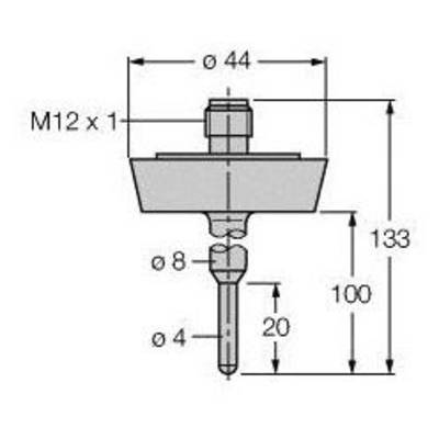 Rysunek techniczny elementu metalowego z wymiarami: całkowita długość 133 mm, średnica górna 44 mm, gwint M12 x 1, średnica trzonu 8 mm i czubek o średnicy 4 mm.