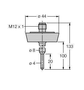 Rysunek techniczny obiektu cylindrycznego o następujących wymiarach: ø44 u góry, ø8 u dołu, wysokość całkowita 133 mm. Złącze 'M12 x 1' u góry.