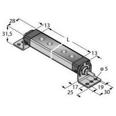 Diagram mechanicznego elementu z wymiarami: całkowita długość L, szerokość 28 mm, wysokość 31,5 mm, średnica otworu 5 mm.