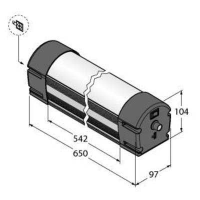 Diagram cylindrycznego urządzenia grzewczego z wymiarami: długość 650 mm, wysokość 104 mm, szerokość 97 mm. Przedstawia budowę techniczną.