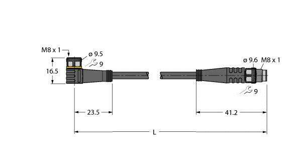 Dwa złącza z podanymi wymiarami. Po lewej: długość 23,5 mm, średnica 9,5 mm, gwint M8 x 1. Po prawej: długość 41,2 mm, średnica 9,6 mm.