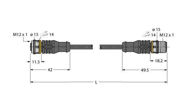 Schemat złącza: Dwa wtyki M12 x 1 o długościach 42 mm i 49,5 mm, średnicach 14 mm, 15 mm.