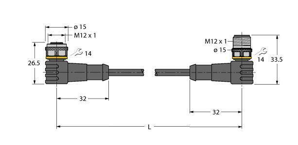 Rysunek techniczny dwóch złączy M12 x 1, wymiary w milimetrach. Wymiary przyłącza: wysokość: 14-33,5 mm, długość: 32 mm obustronnie.