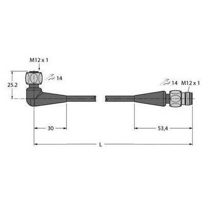 Rysunek techniczny kątowego złącza wtykowego z wymiarami: długość całkowita 53,4 mm, szerokość 30 mm, wysokość 25,2 mm, gwint M12 x 1.