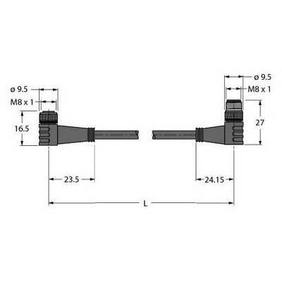 Rysunek techniczny złącza M8 z wymiarami: średnica 9,5 mm, gwint M8x1, długość całkowita 24,15 mm, długość obudowy 23,5 mm.